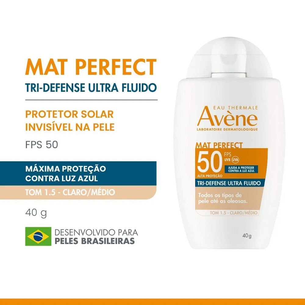 Protetor Solar Facial Avène Mat Perfect Tri-Defense Ultra Fluido Tom 1.5 Claro/Médio Fps50 40g 40g 2
