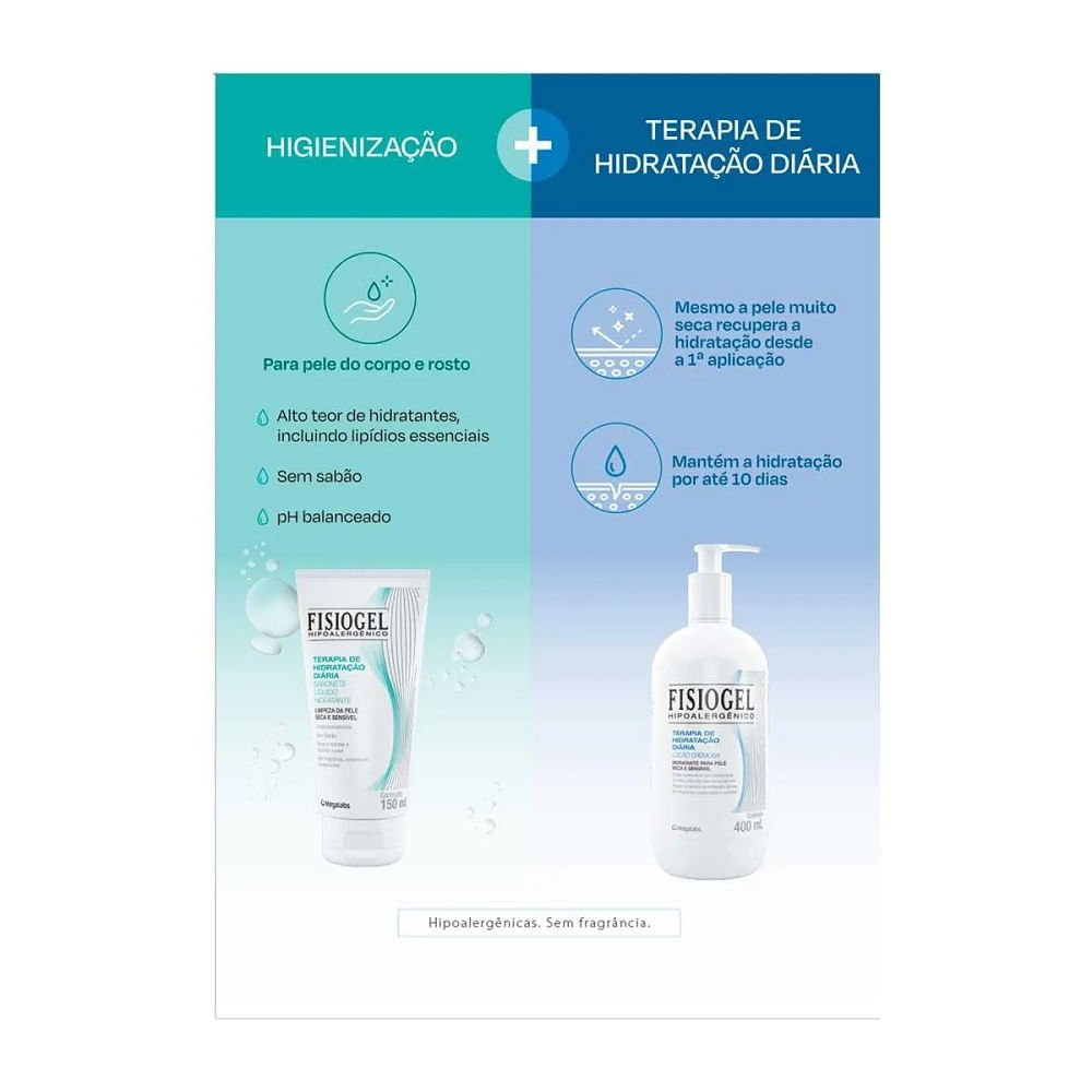 Fisiogel Terapia de Hidratação Diária Loção Cremosa 400ml + Sabonete Líquido 150ml ÚNICO 3