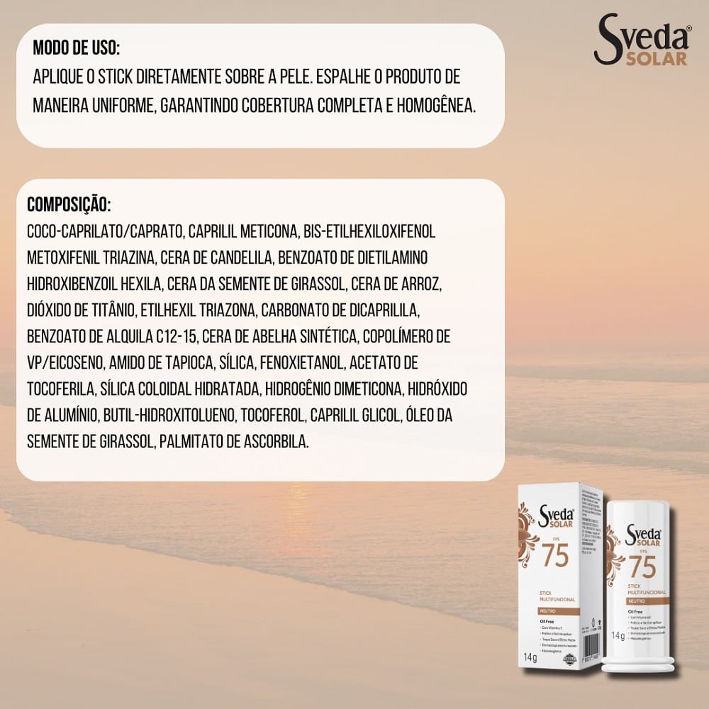 Protetor Solar Sveda Stick Multifuncional Neutro Fps75 14g 14g 3