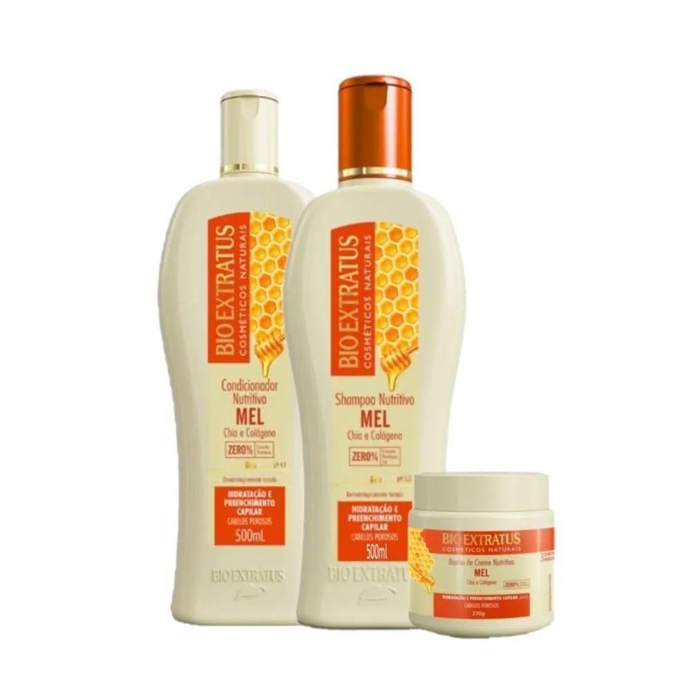 Kit Shampoo Bio Extratus Nutritivo Mel 500ml + Condicionador + Banho de Creme 230g