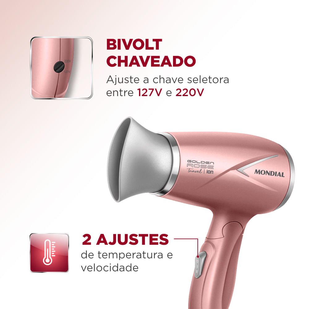 Secador de Cabelo Mondial Travel 1200W Bivolt SC-47-GR Golden/Rose Rosa 4