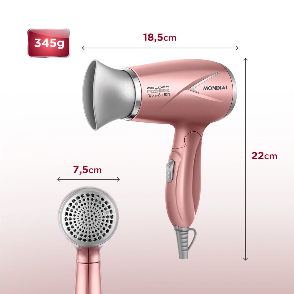 Secador de Cabelo Mondial Travel 1200W Bivolt SC-47-GR Golden/Rose Rosa 7
