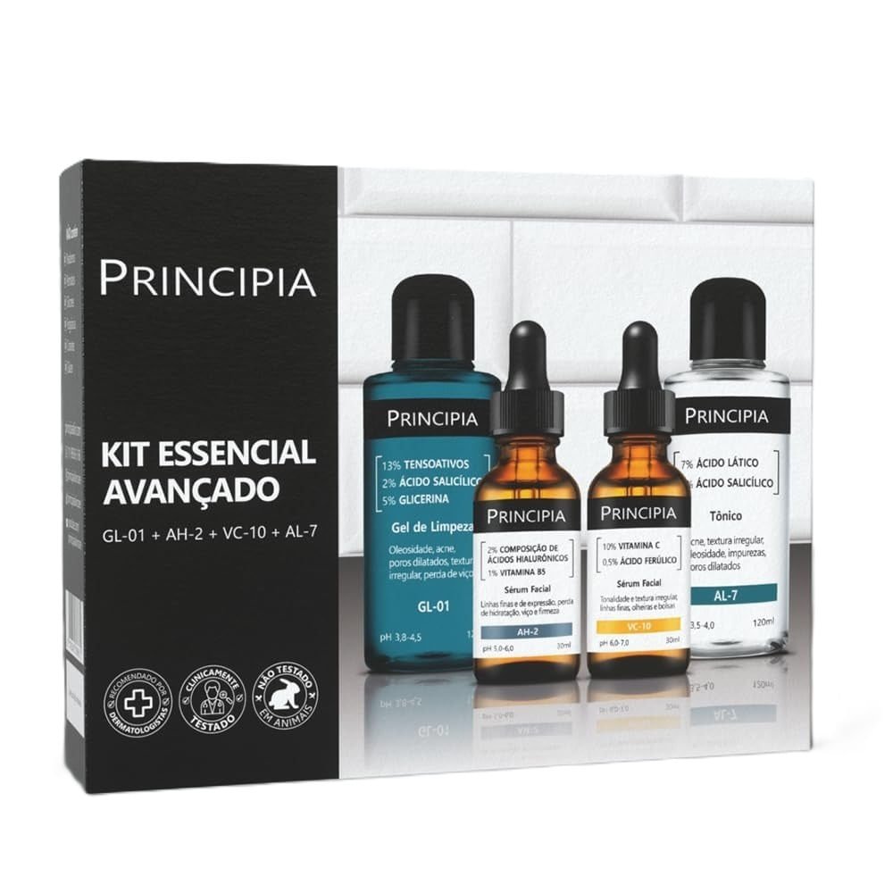 Kit Essencial Avançado Principia Gel de Limpeza GL-01 + Tônico AL-7 + Sérum Facial AH-2 + Sérum Facial VC-10 ÚNICO 2
