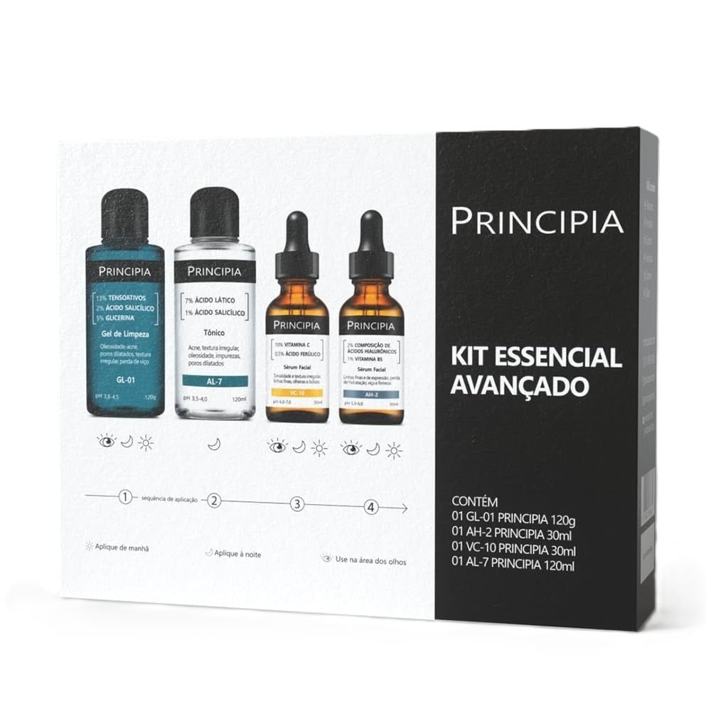 Kit Essencial Avançado Principia Gel de Limpeza GL-01 + Tônico AL-7 + Sérum Facial AH-2 + Sérum Facial VC-10 ÚNICO 3