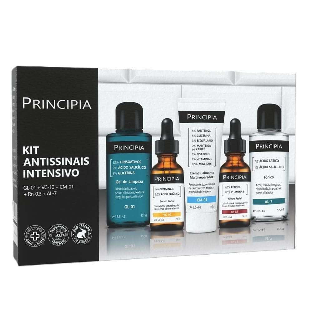 Kit Antissinais Intensivo Principia Gel de Limpeza GL-01 + Sérum Facial VC-10 + Creme Calmante CM-01 + Sérum Facial Rn-0,3 + Tônico AL-7