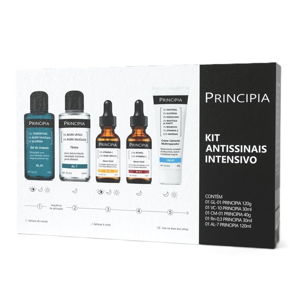 Kit Antissinais Intensivo Principia Gel de Limpeza GL-01 + Sérum Facial VC-10 + Creme Calmante CM-01 + Sérum Facial Rn-0,3 + Tônico AL-7 ÚNICO 2