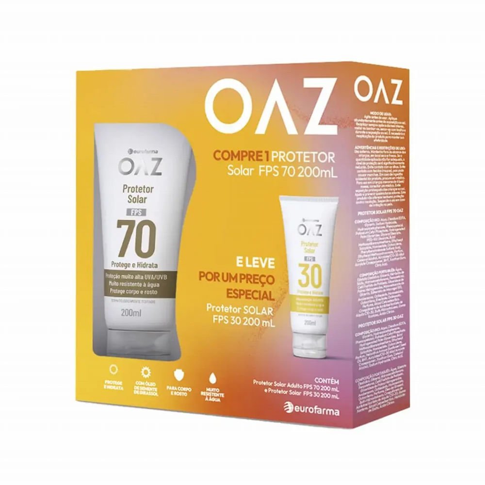Kit Protetor Solar OAZ Rosto e Corpo FPS 70 200ml + FPS 30 200ml