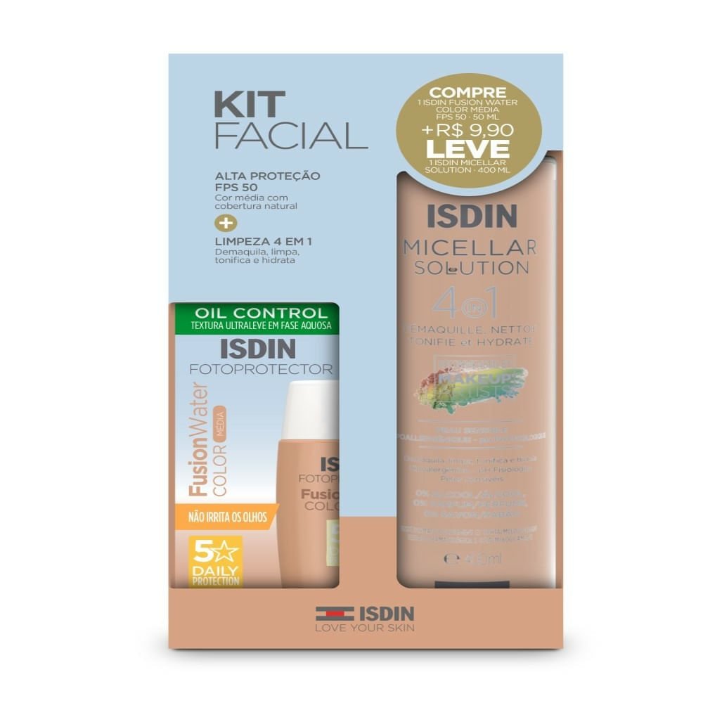 Kit Isdin Facial Protetor Solar Fusion Water Color Média Fps50 50ml + Água Micelar 4 em 1 400ml
