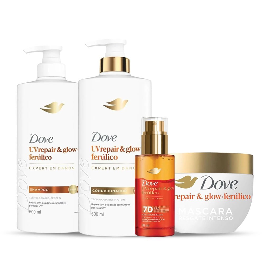 Kit Dove Repair e Glow Shampoo Ferúlico 600ml + Condicionador 600ml + Máscara Capilar 250g + Óleo Sérum Bifásico 110ml