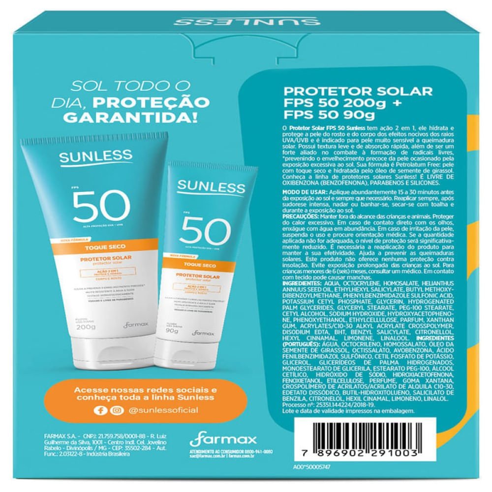 Kit Sunless Protetor Solar Toque Seco Fps50 200g + Fps50 90g ÚNICO 2