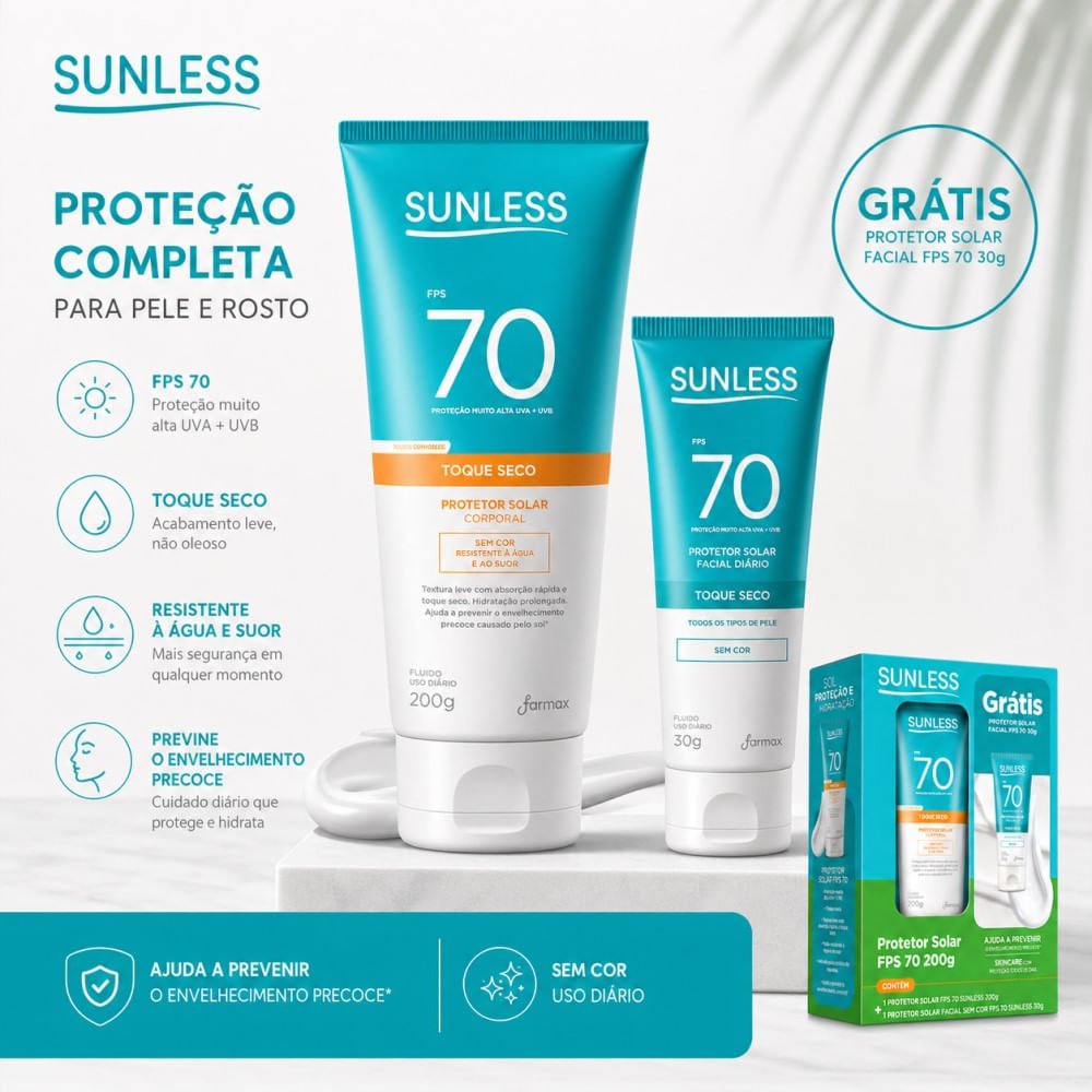Kit Sunless Protetor Solar Fps70 200g + Facial Fps70 30g ÚNICO 3
