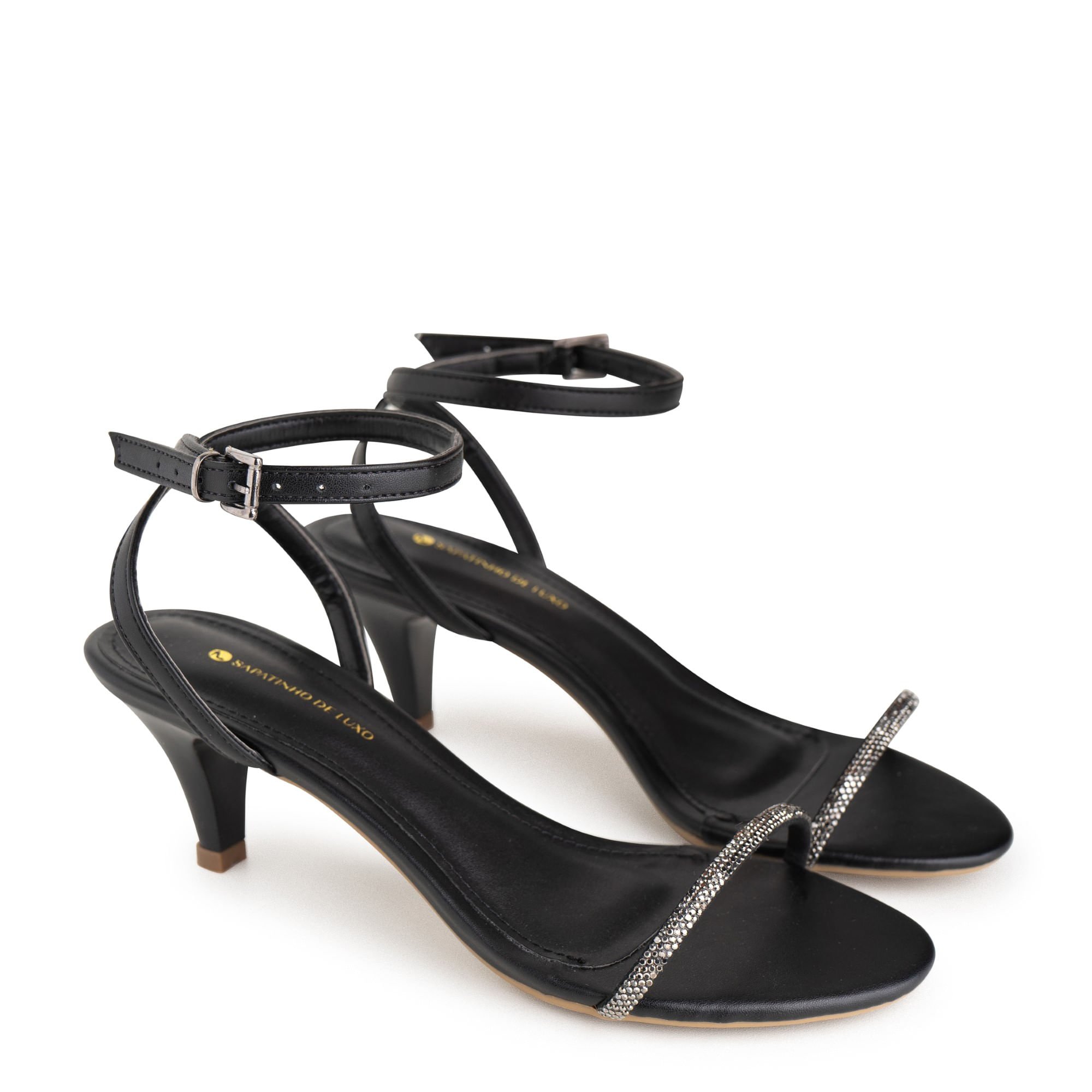 Sandália Preto Salto Médio com Enfeite Strass Pewter e Tira Tornozelo 10060.02_2 Preto 1