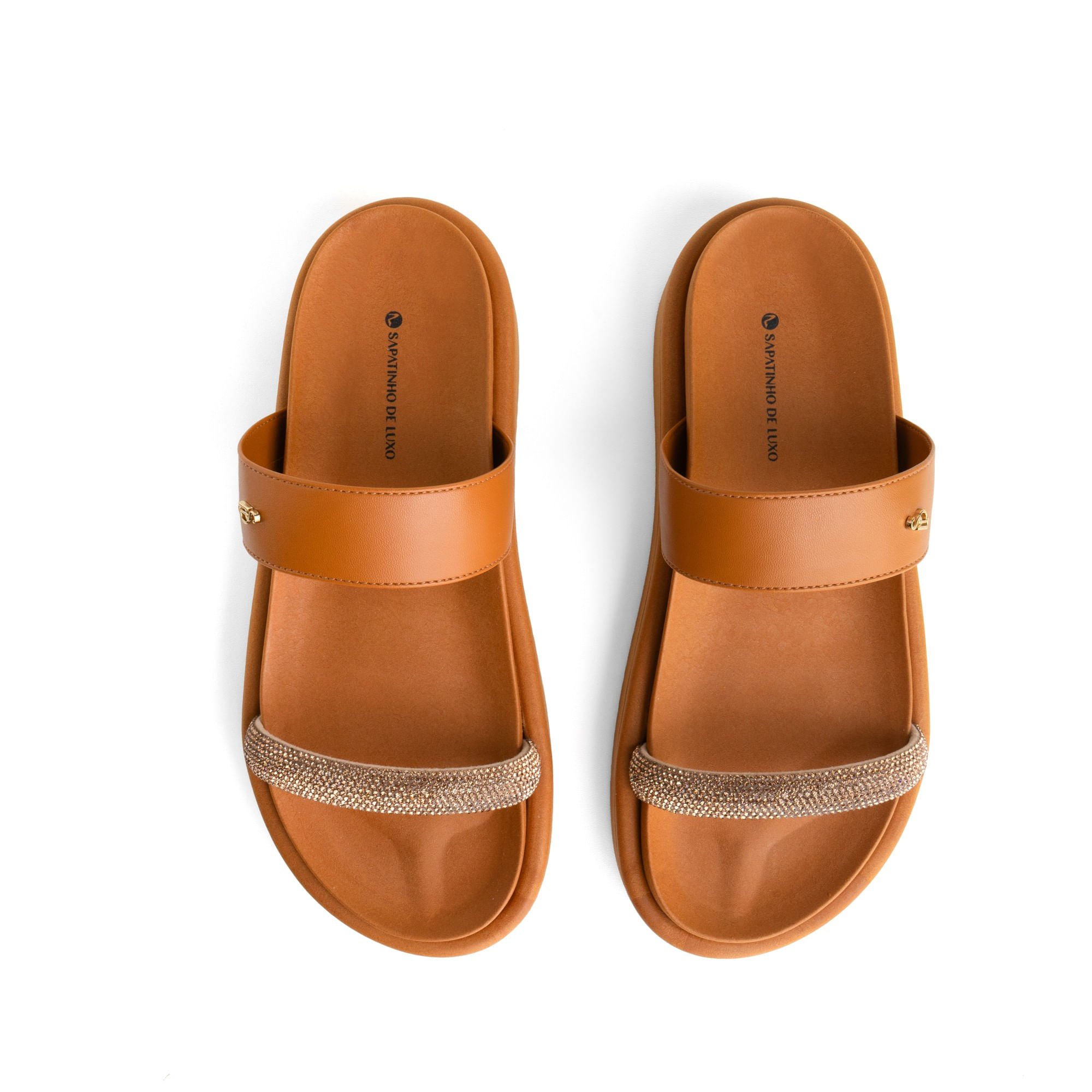 Rasteira Papete Nude Almond Duas Tiras Strass Lisa Nude