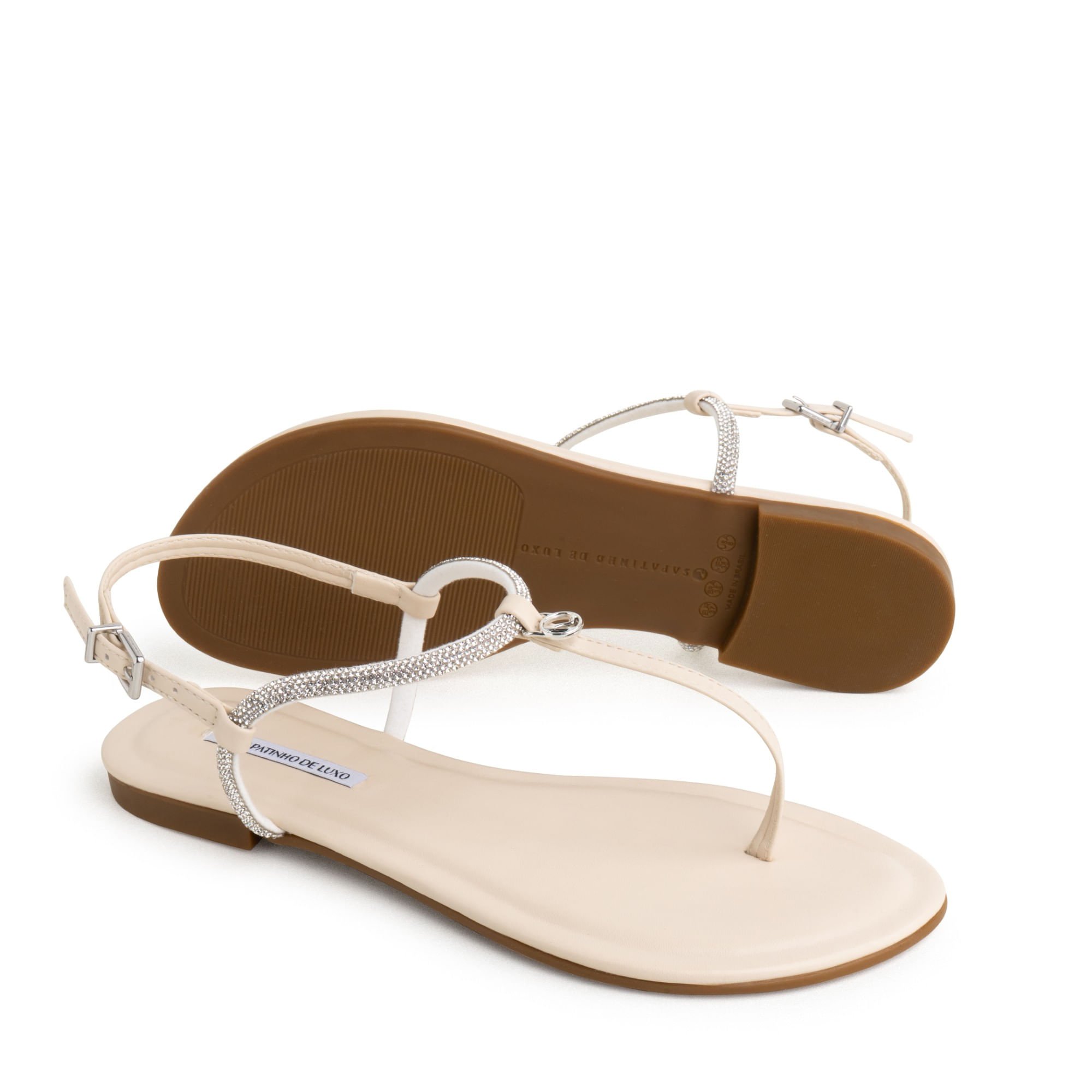 Rasteira Sandália Nude Manteiga Bico Redondo Tira Strass e Logo SDL 210.227_4 Nude 2