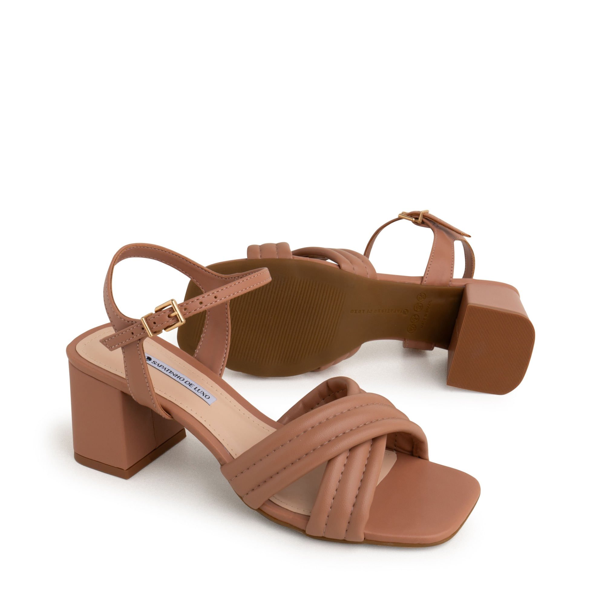 Sandália Nude Mocha Tiras Acolchoadas Salto Bloco e Fivela Ouro 9540.18_1 Nude Mocha 2