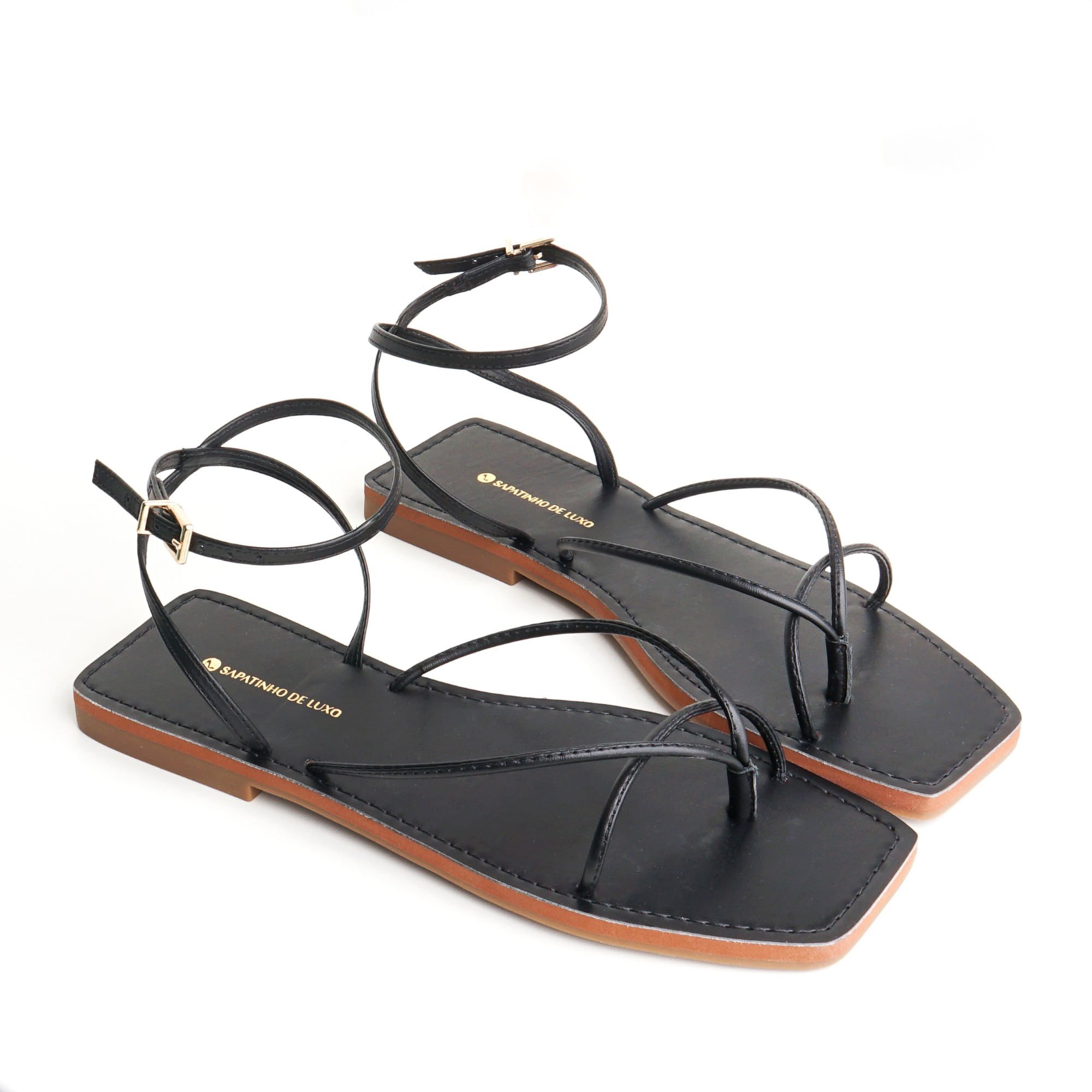 Rasteira Sandália Preto Tiras Finas com Amarração e Bico Quadrado 860.22_1 Preto 1