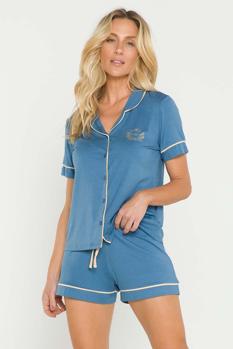 Pijama Feminino Curto Americano Com Estampa Vies Contrastante Azul 