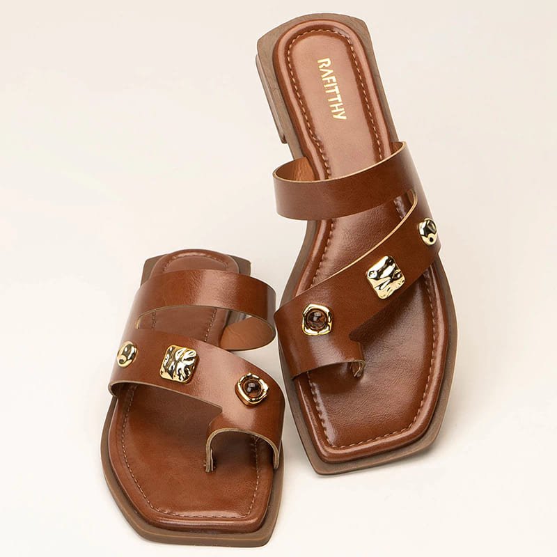 Sandália Rasteira Feminina Rafitthy Detalhes Metálicos 1892003A Marrom 4