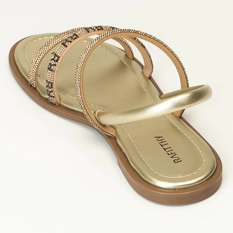 Sandália Rasteira Feminina Rafitthy Tiras em Strass 18.56001A Dourado 3