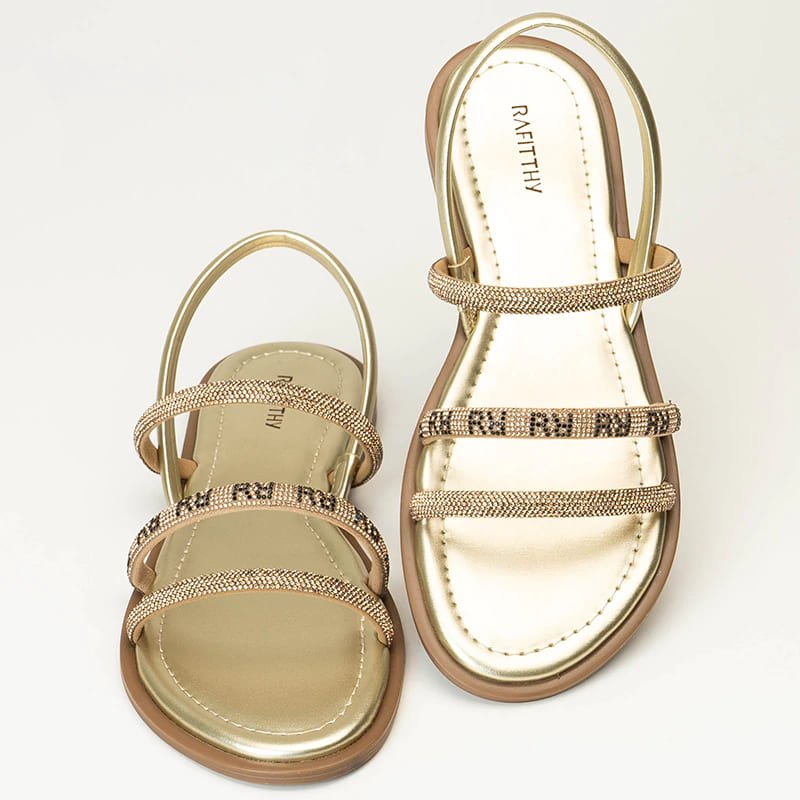 Sandália Rasteira Feminina Rafitthy Tiras em Strass 18.56001A Dourado 4