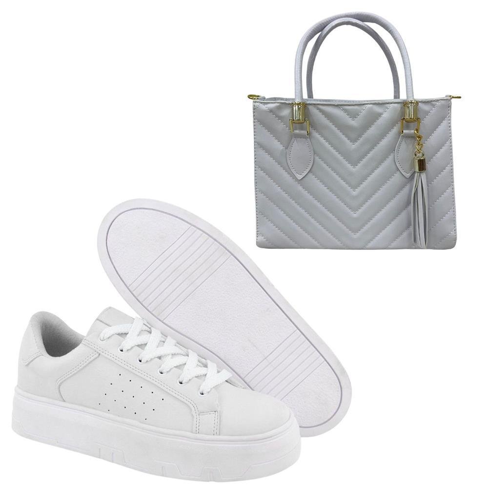 Tênis Feminino Casual Bolsa Transversal Kit Peças Branco