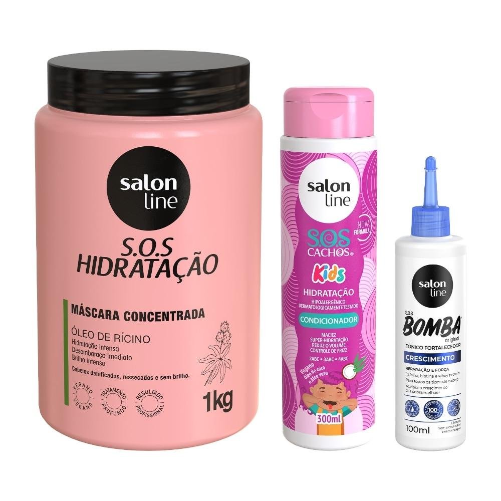 Kit com Condicionador SOS Cachos + Tônico Fortalecedor + Máscara Hidratação Turbinada Salon Line