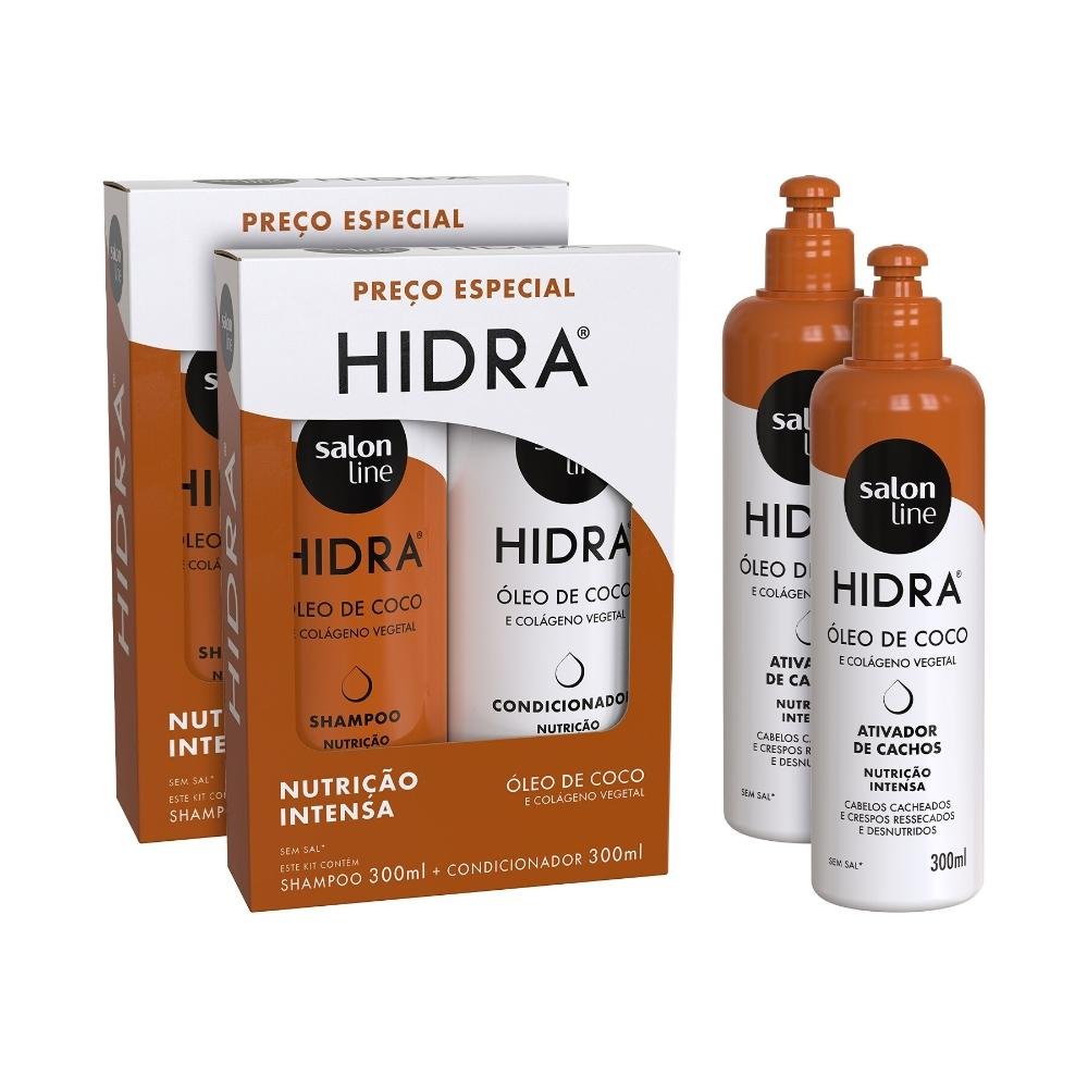 Kit Hidra Coco 2 Shampoos, 2 Condicionadores, 2 Ativadores de Cachos, Salon Line