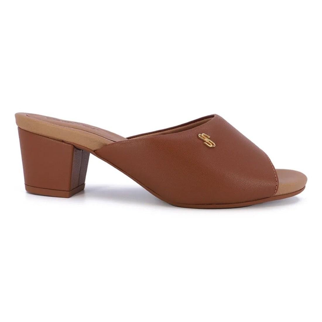 Tamanco Usaflex Feminino Couro Salto Bloco Básico Casual Y8216 Marrom 1
