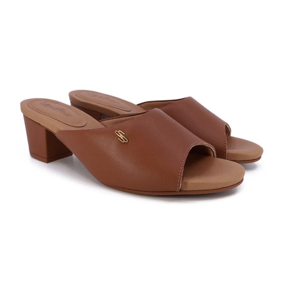 Tamanco Usaflex Feminino Couro Salto Bloco Básico Casual Y8216 Marrom 2