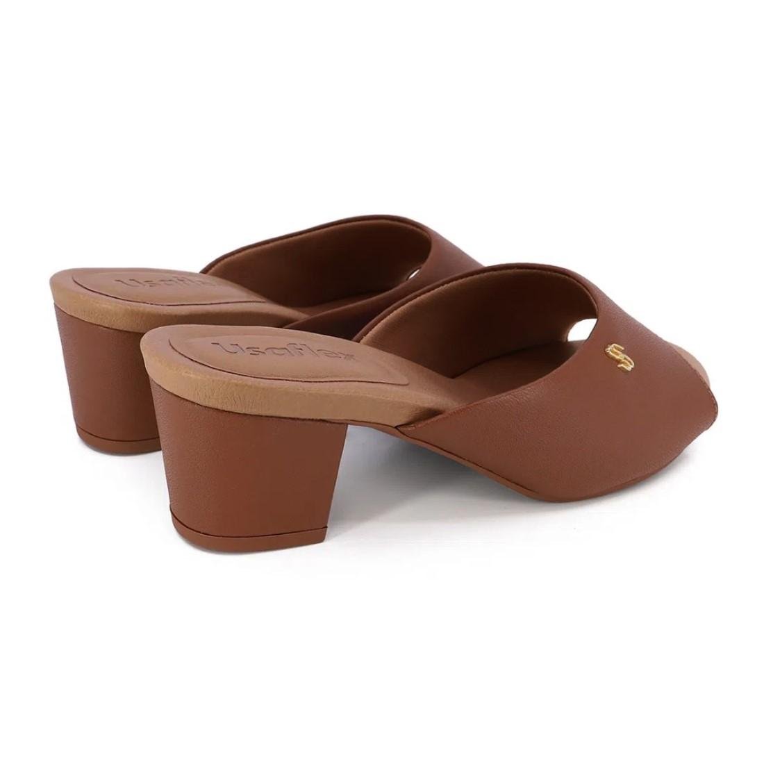 Tamanco Usaflex Feminino Couro Salto Bloco Básico Casual Y8216 Marrom 4