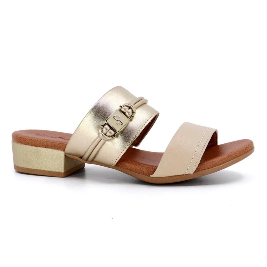 Tamanco Usaflex Feminino Salto Bloco Couro Casual AI2707 Dourado 1