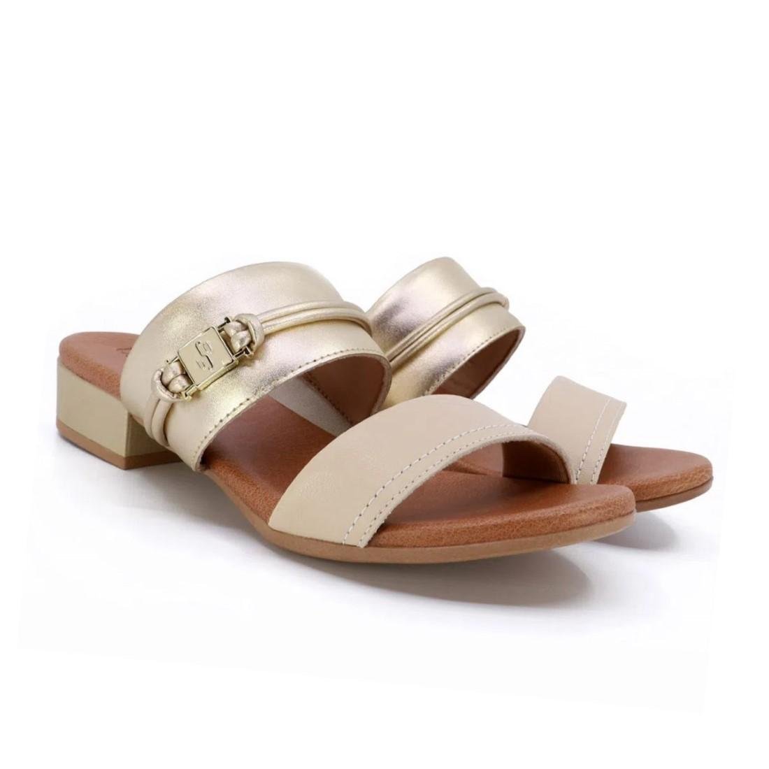 Tamanco Usaflex Feminino Salto Bloco Couro Casual AI2707 Dourado 2