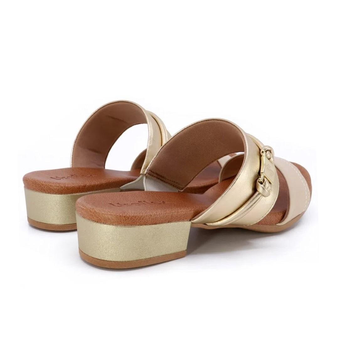 Tamanco Usaflex Feminino Salto Bloco Couro Casual AI2707 Dourado 4