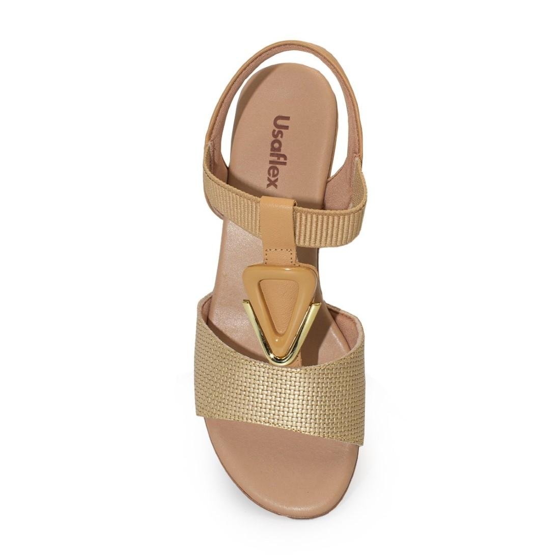 Sandália Usaflex Feminina Casual Salto Bloco MM0801 Bege/Dourado 3