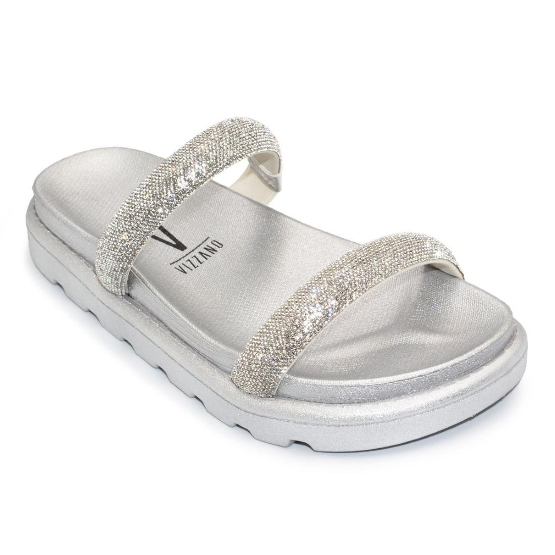 Chinelo Flat Vizzano Feminino Tira Strass Casual 6459.310 Prata 2