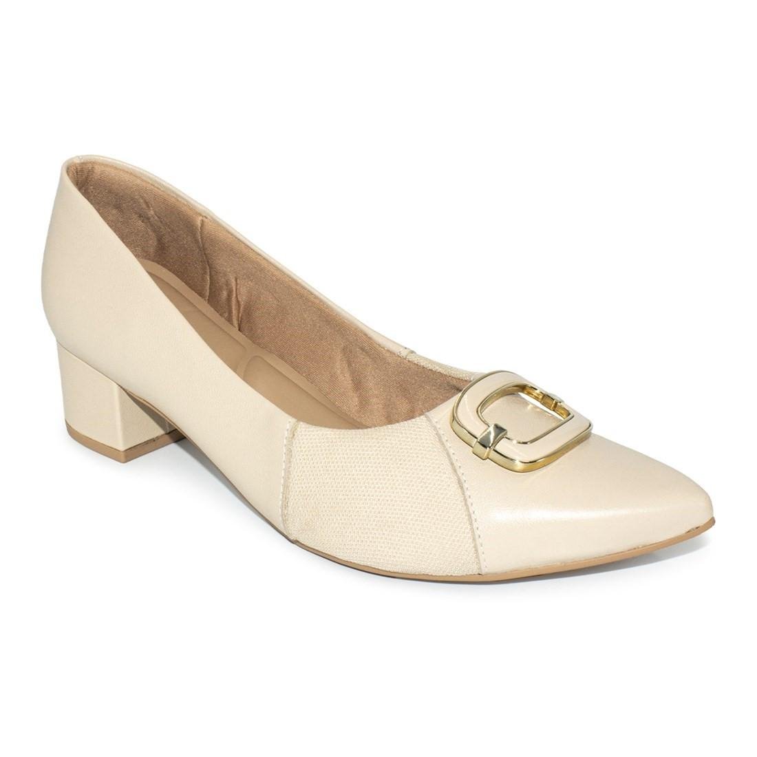 Scarpin Usaflex Couro Salto Bloco Enfeite MM0503 Bege 2