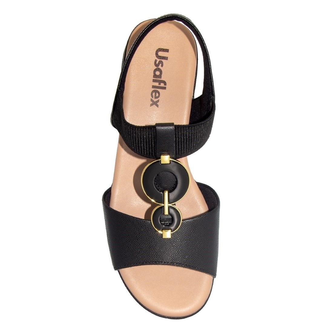 Sandália Usaflex Feminina Salto Bloco Couro e Elástico Enfeite Casual MM1702 Preto 3