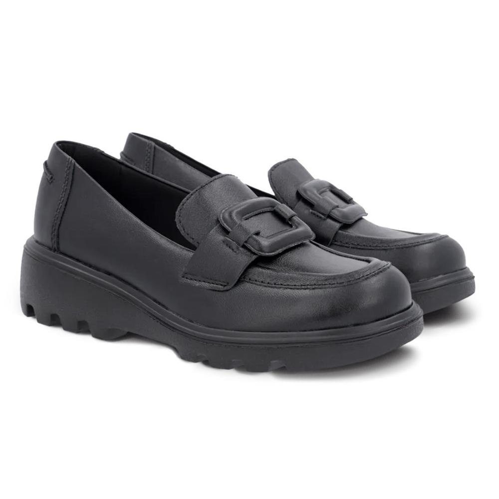 Loafer Usaflex Feminino Em Couro Salto Bloco Fivela Casual AL1503 Preto 2