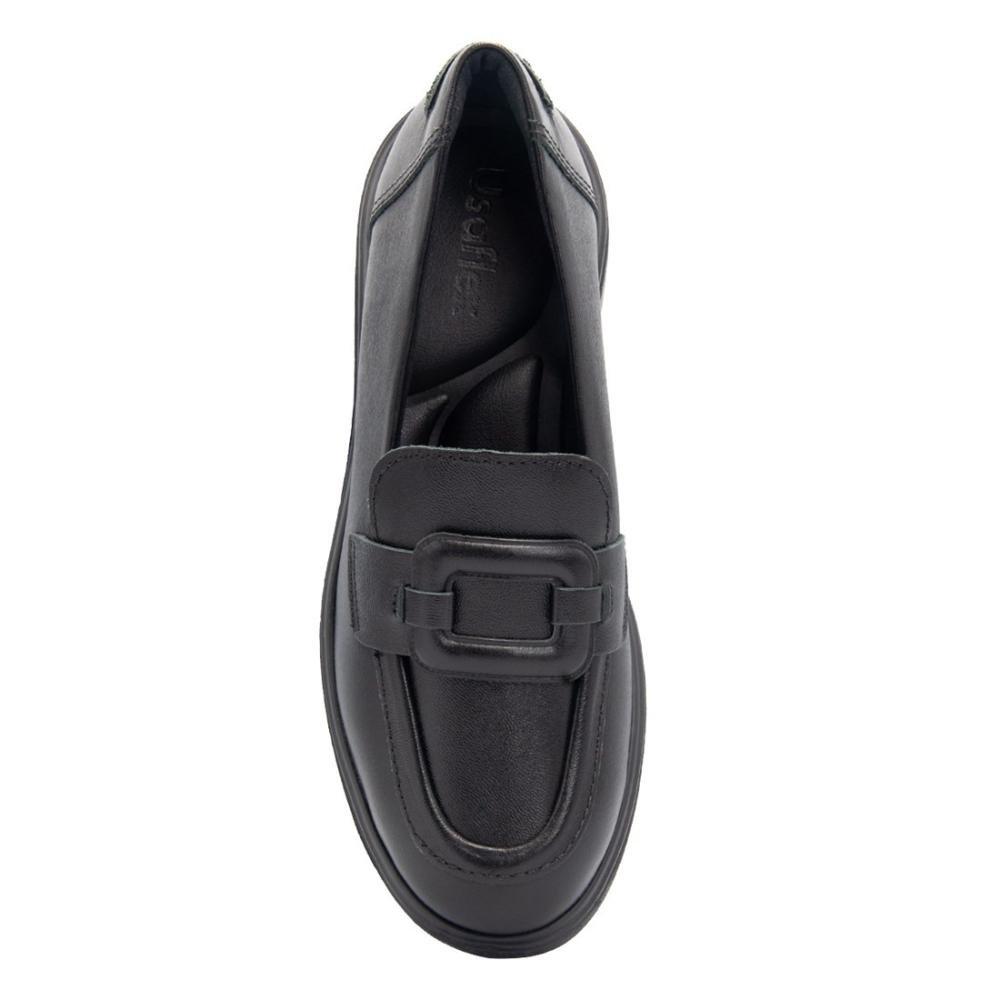 Loafer Usaflex Feminino Em Couro Salto Bloco Fivela Casual AL1503 Preto 3