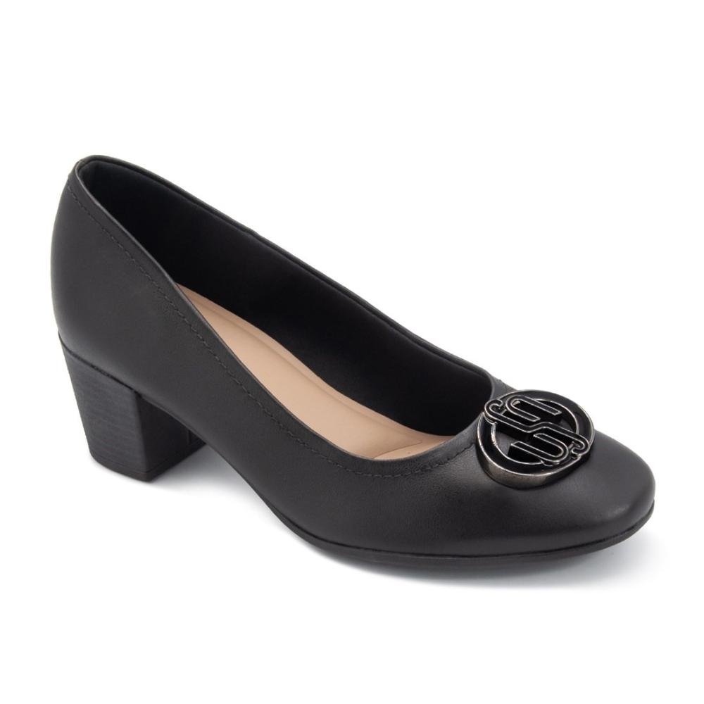 Scarpin Usaflex Feminino Em Couro Salto Bloco Monograma Casual AF1209 Preto 2