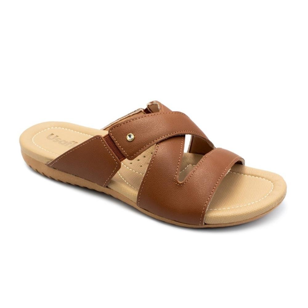 Tamanco Usaflex Feminino Slide Rasteiro Couro e Elástico Casual R1875 Marrom 2