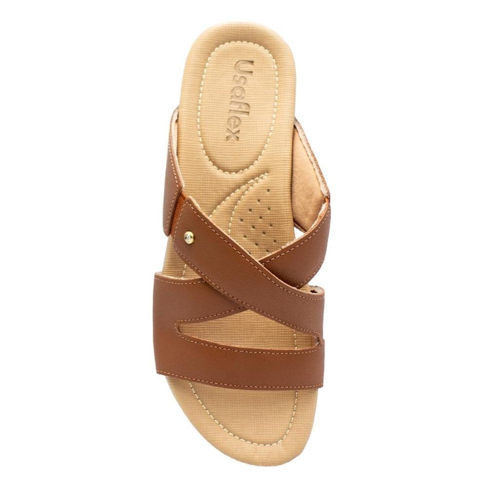 Tamanco Usaflex Feminino Slide Rasteiro Couro e Elástico Casual R1875 Marrom 3