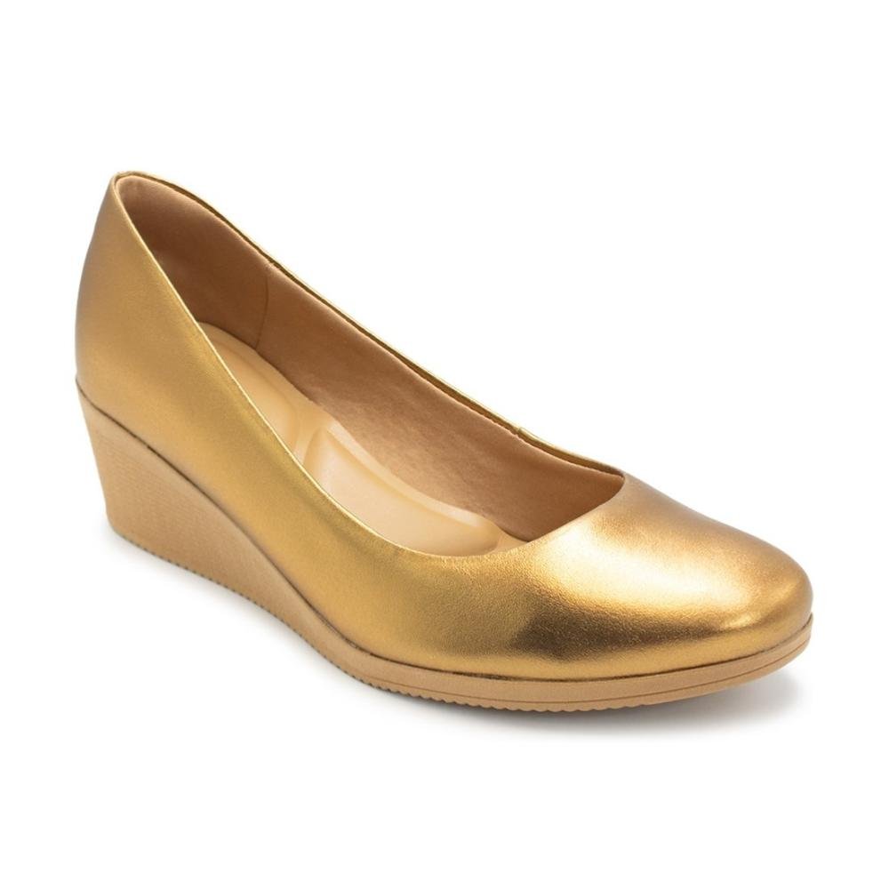 Scarpin Usaflex Feminino Couro Salto Anabela Casual AA3811 Dourado 2