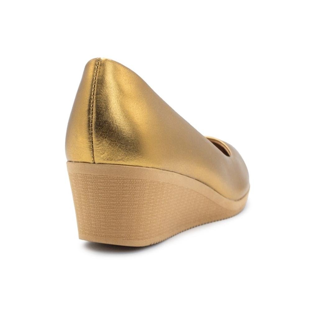 Scarpin Usaflex Feminino Couro Salto Anabela Casual AA3811 Dourado 4