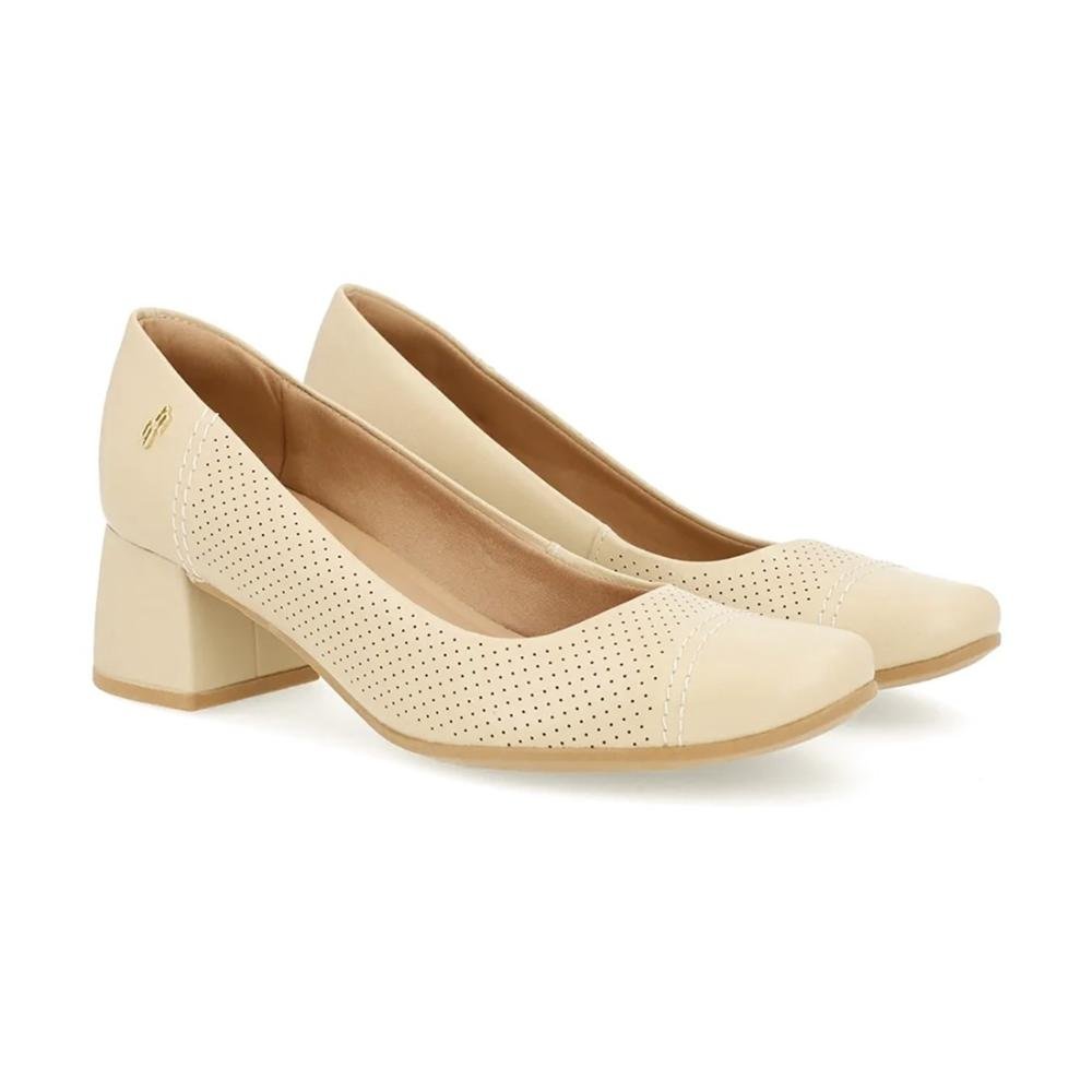Scarpin Usaflex Feminino Couro Salto Bloco Furos Casual UC0101 Bege 2