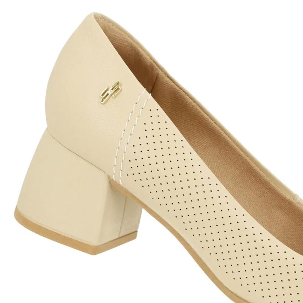 Scarpin Usaflex Feminino Couro Salto Bloco Furos Casual UC0101 Bege 3