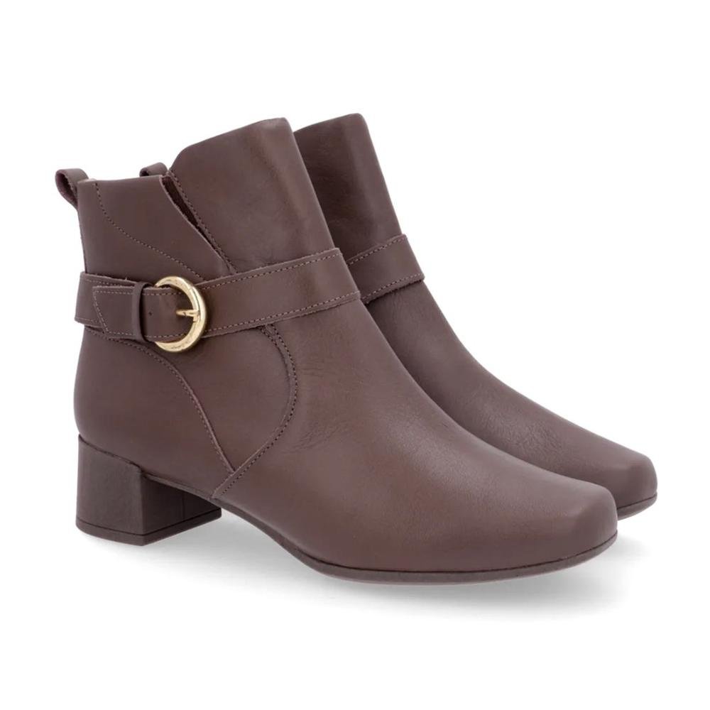Bota Usaflex Feminina Em Couro Salto Bloco Cano Curto Fivela AL1102 Marrom 2