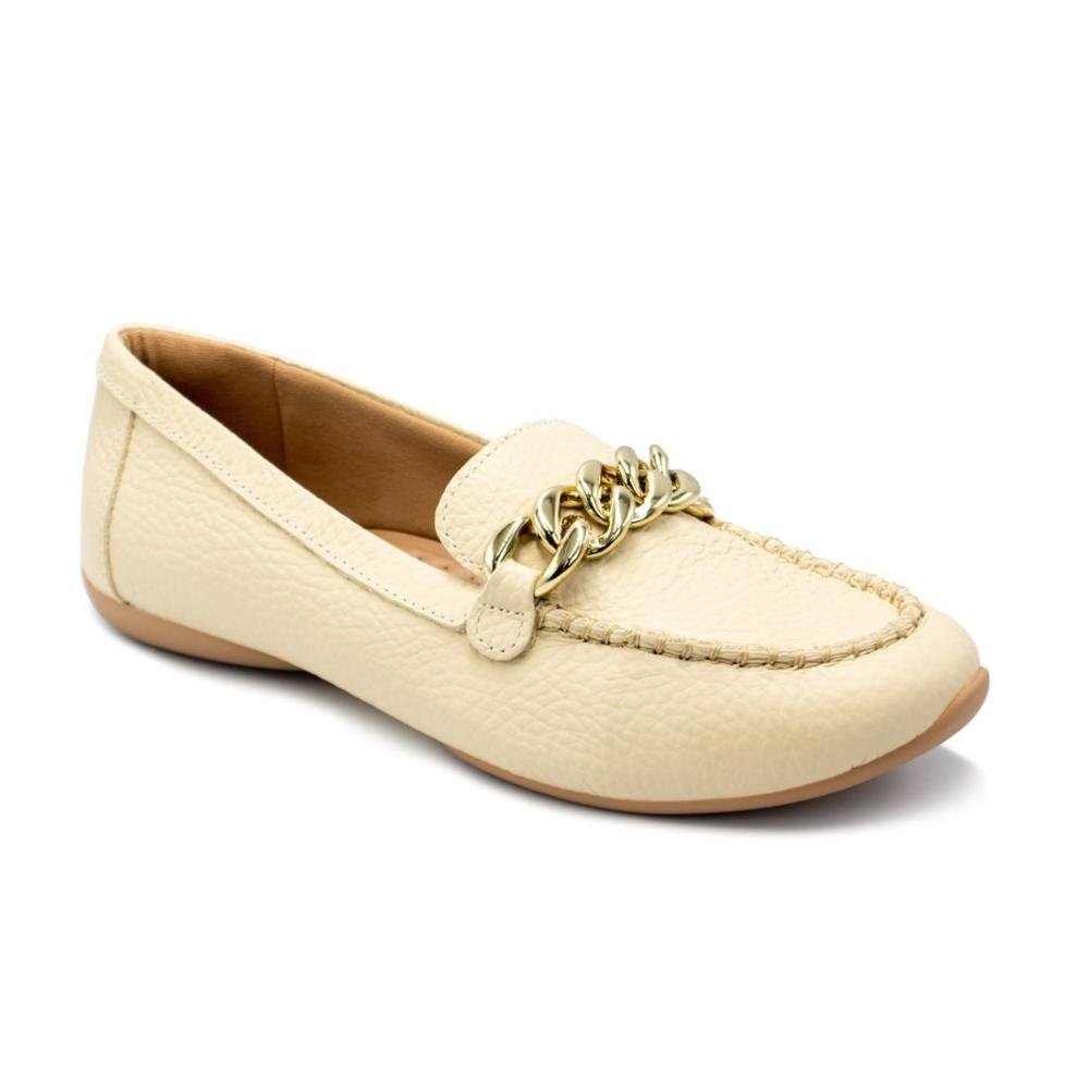 Mocassim Usaflex Feminino Couro Enfeite Corrente Casual AL3303 Bege 2
