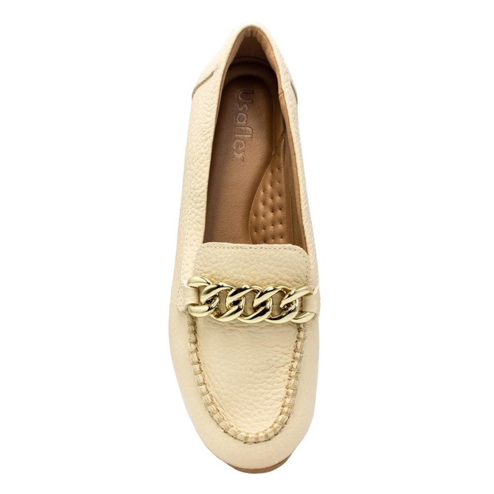 Mocassim Usaflex Feminino Couro Enfeite Corrente Casual AL3303 Bege 3