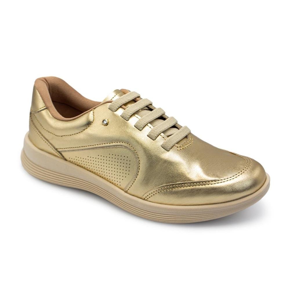 Tênis Usaflex Feminino Básico Couro e Elástico Conforto Casual UC0601 Dourado 2